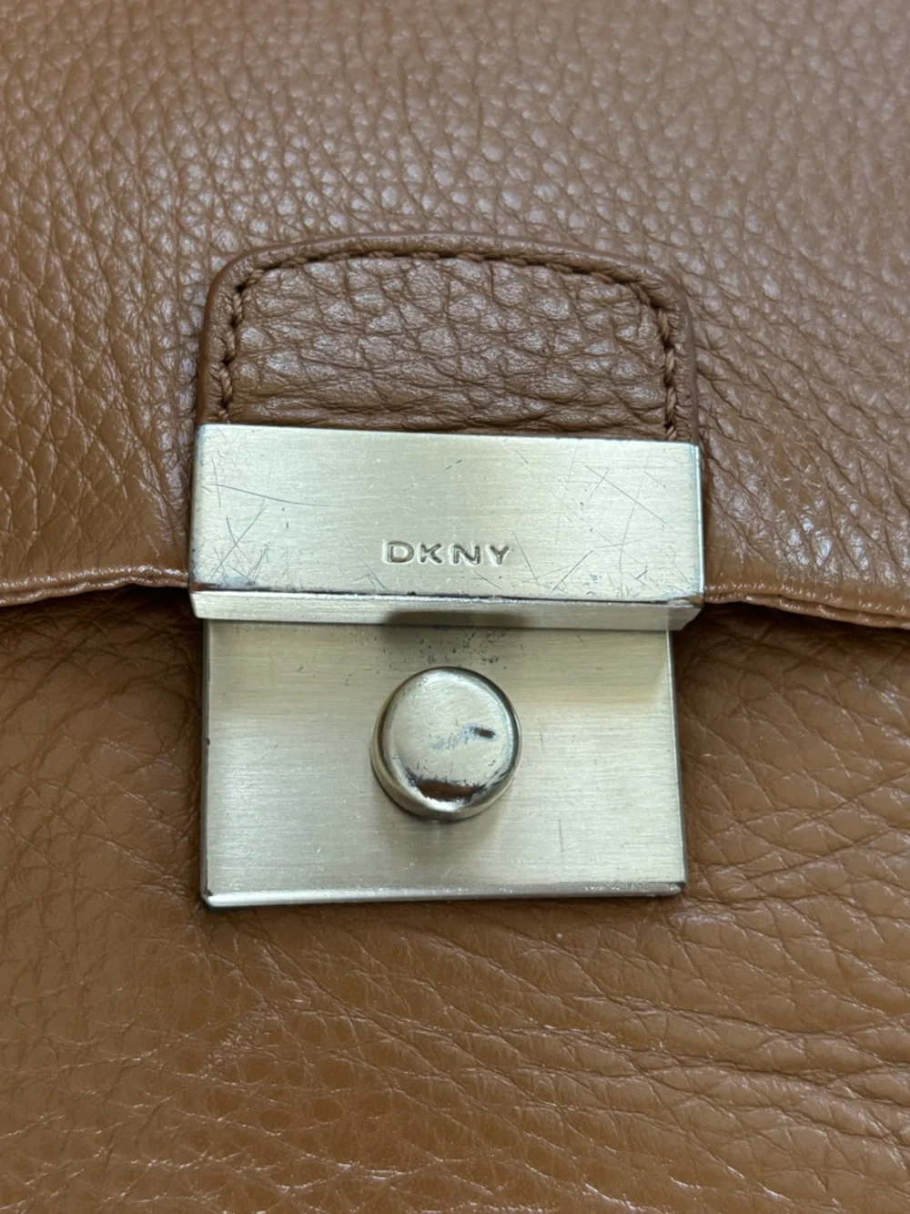 DKNY Tan Pebbled Leather Crossbody with Chain-Detail Strap - Picture 2 of 10